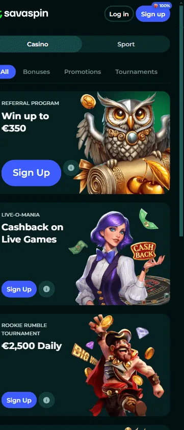 Savaspin Casino promotions on a mobile browser
